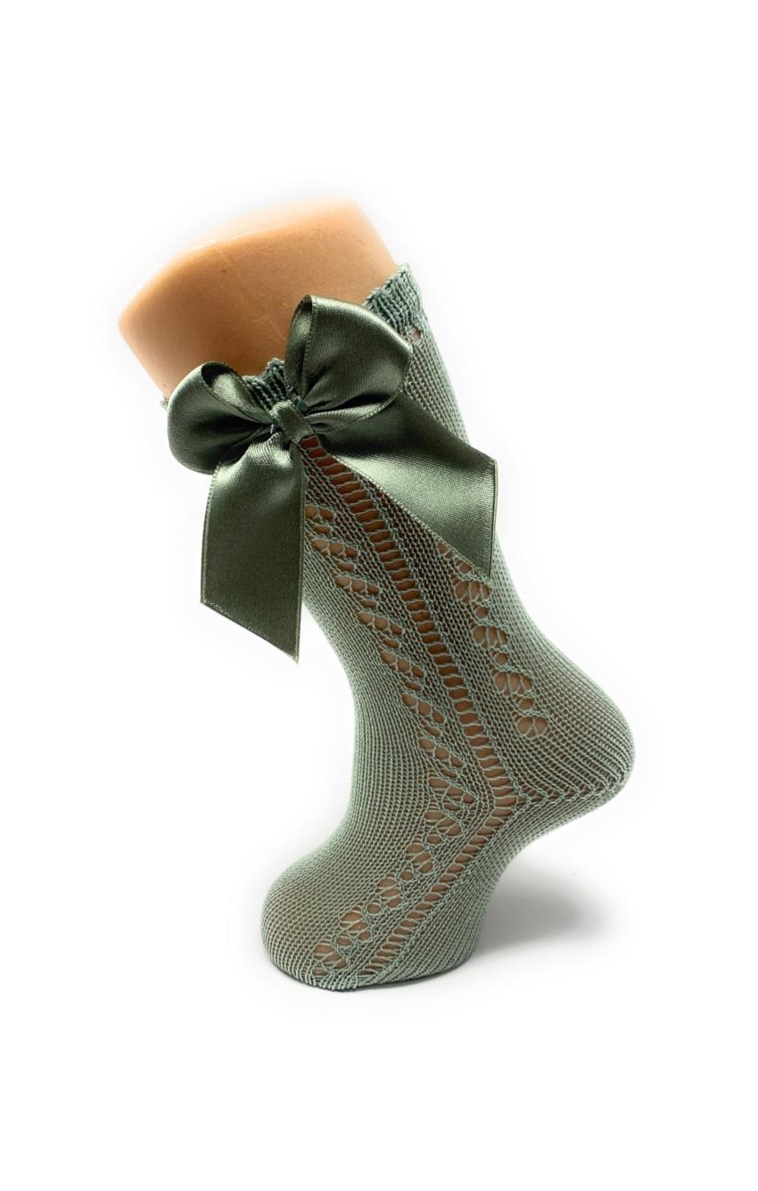 Calcetines Verde Oliva Altos Calados Perlé con Lazo 1 Calcetines Verde Oliva Altos Calados Perlé con Lazo