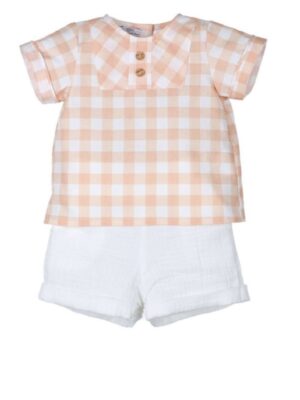 CONJUNTO BEBE CUADRITO COLOR MELOCOTON