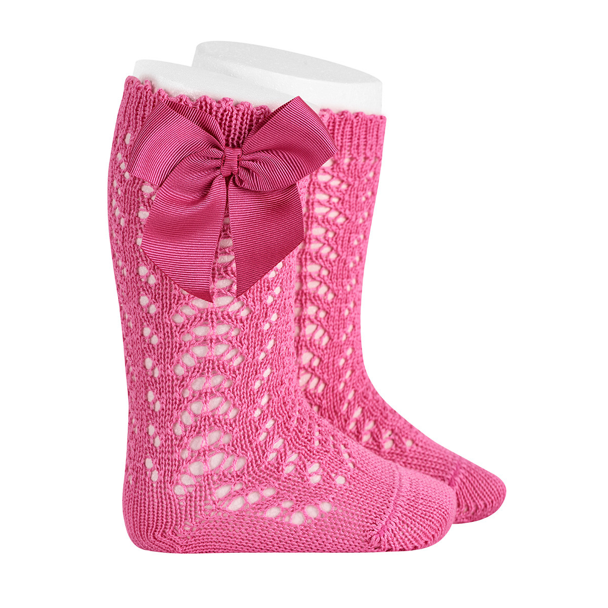 Calcetines altos perlé calado geométrico y lazo Fucsia 1 Calcetines altos perlé calado geométrico y lazo Fucsia