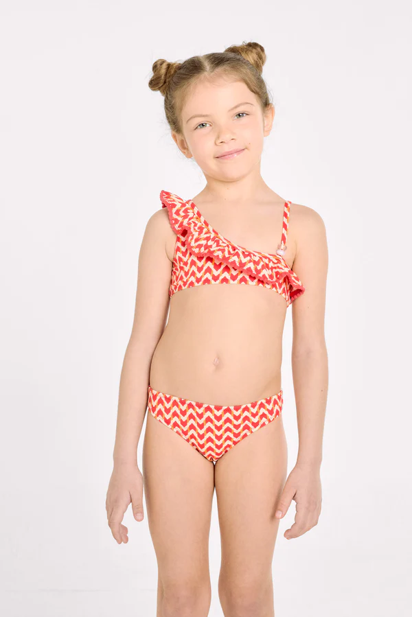 Bikini niña asimétrico detalle volante estampado étnico 1 Bikini niña asimétrico detalle volante estampado étnico